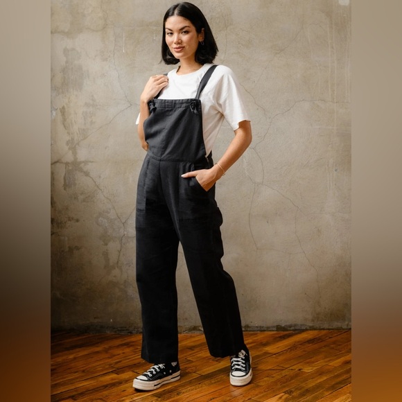 Able All Day Black Linen Blend Wide Leg Overall Jumpsuit Size X Small - Picture 1 of 11